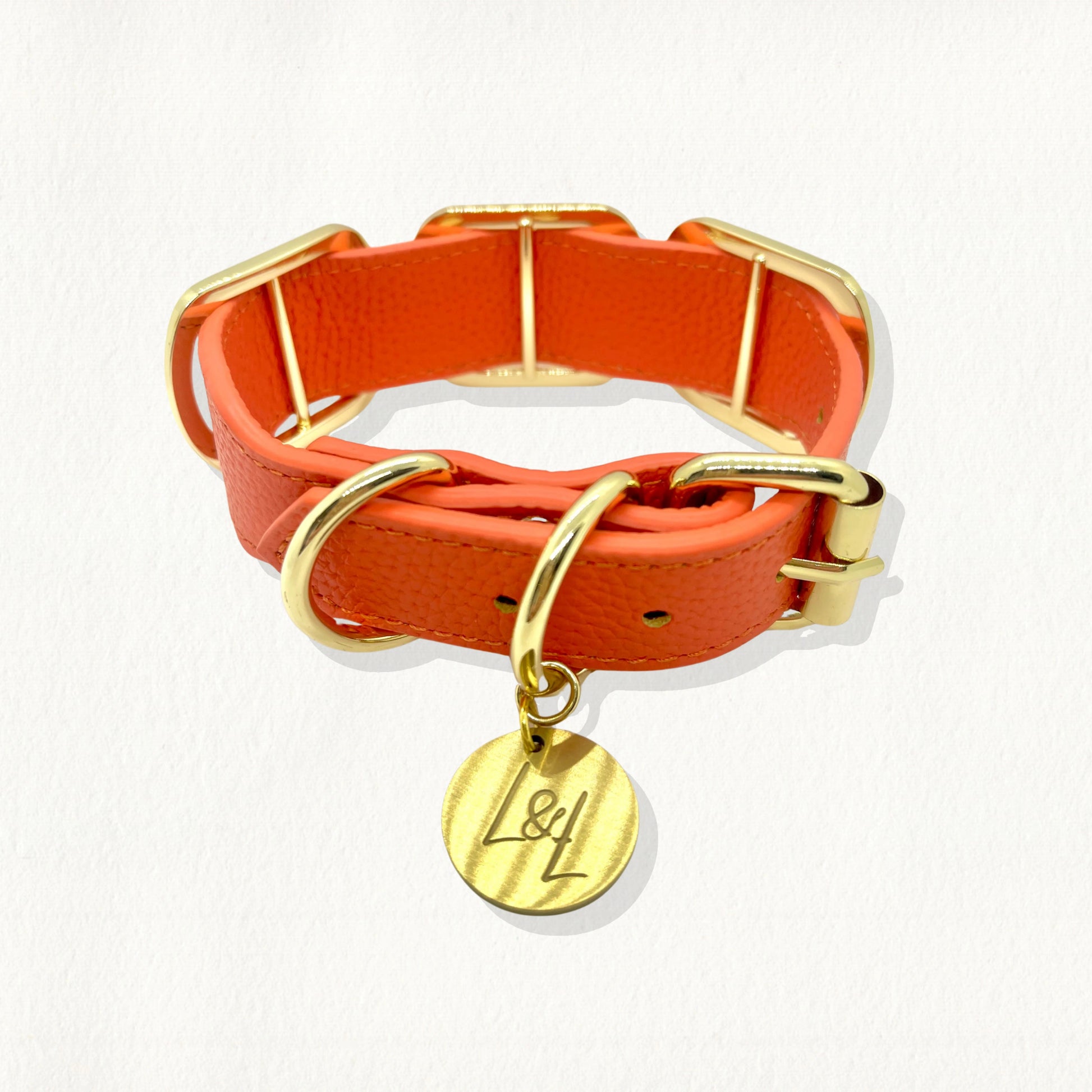 An orange leather dog collar with polished gold hardware, featuring large rounded rectangular links around the band and a circular gold charm engraved with "L&L."