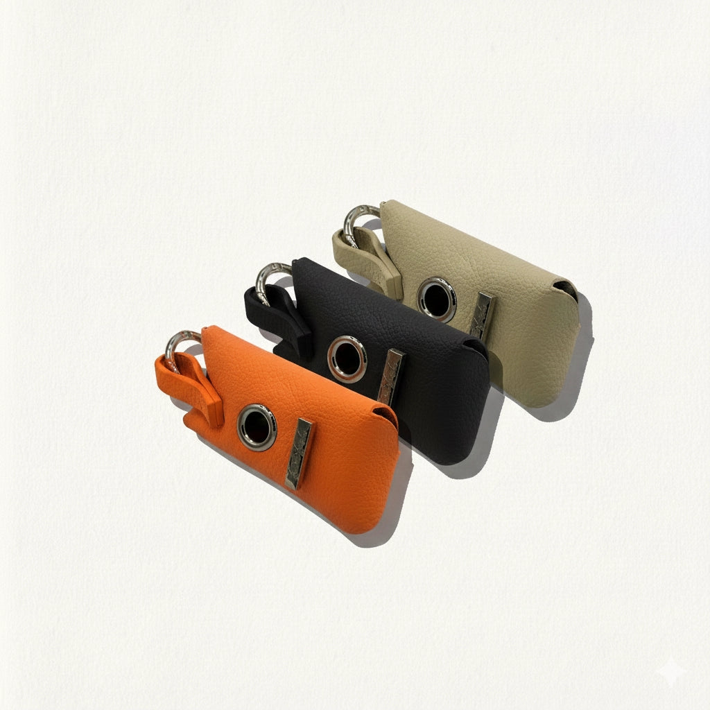 A row of three leather waste bag dispensers in Tangerine, Noir, and Sandstone.